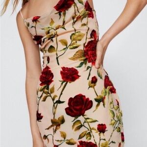 Nasty Gal Strapless Dress with Red and Green Floral Design
